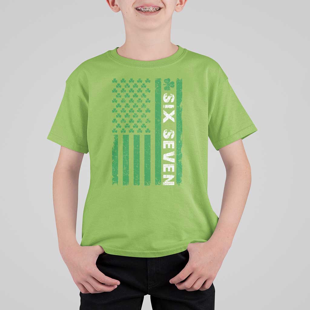 Six Seven 67 St Patricks Day Shamrock Vintage American Flag T Shirt For Kid