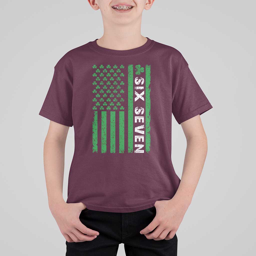 Six Seven 67 St Patricks Day Shamrock Vintage American Flag T Shirt For Kid