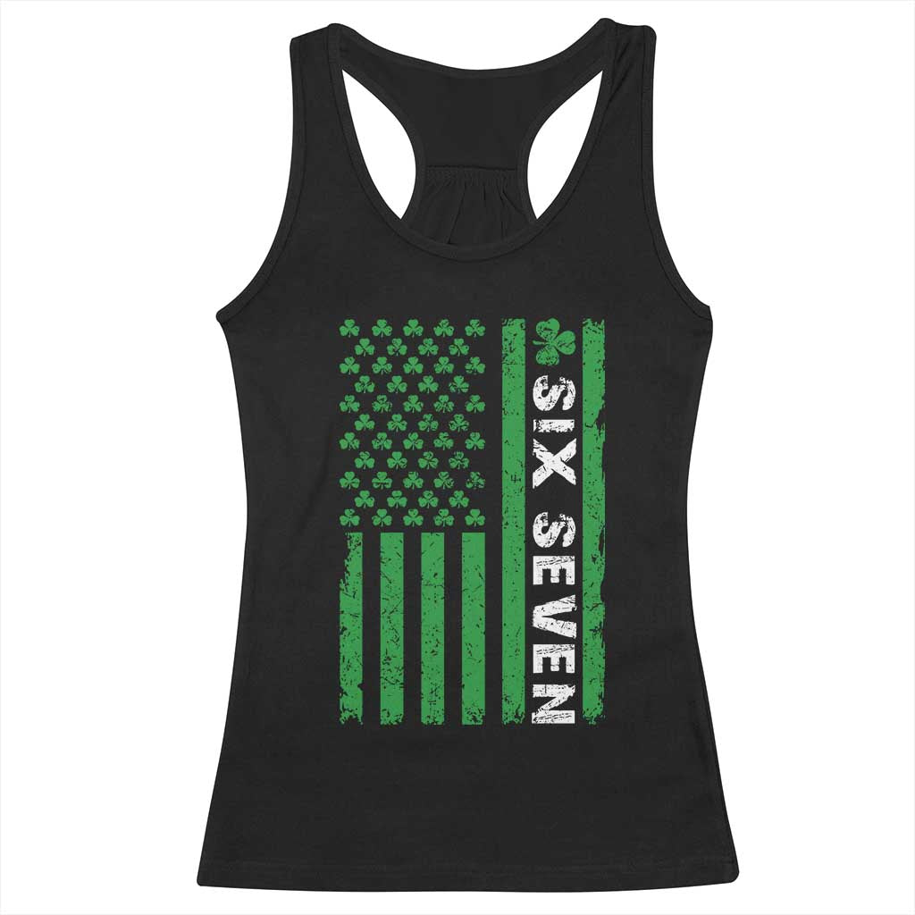 Six Seven 67 St Patricks Day Shamrock Vintage American Flag Racerback Tank Top
