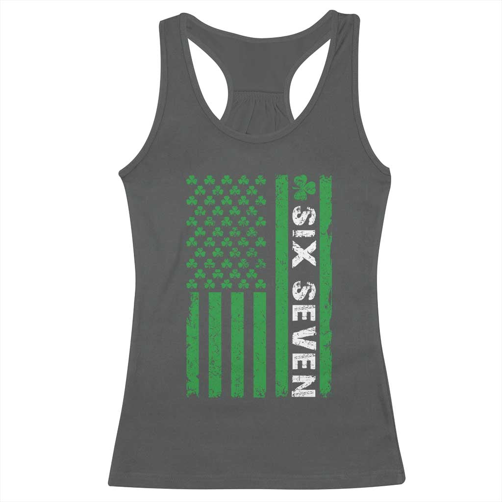Six Seven 67 St Patricks Day Shamrock Vintage American Flag Racerback Tank Top