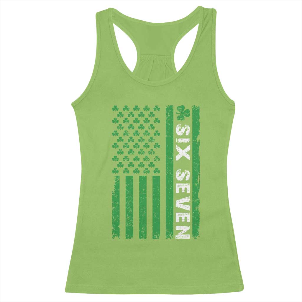 Six Seven 67 St Patricks Day Shamrock Vintage American Flag Racerback Tank Top