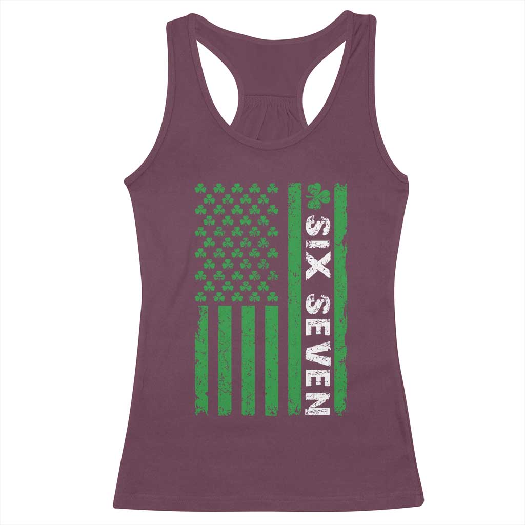 Six Seven 67 St Patricks Day Shamrock Vintage American Flag Racerback Tank Top
