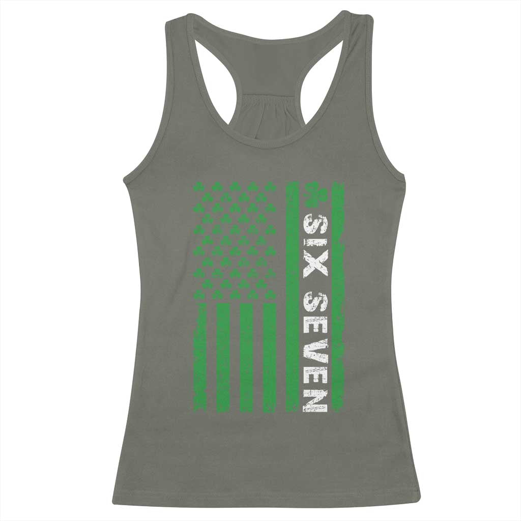Six Seven 67 St Patricks Day Shamrock Vintage American Flag Racerback Tank Top