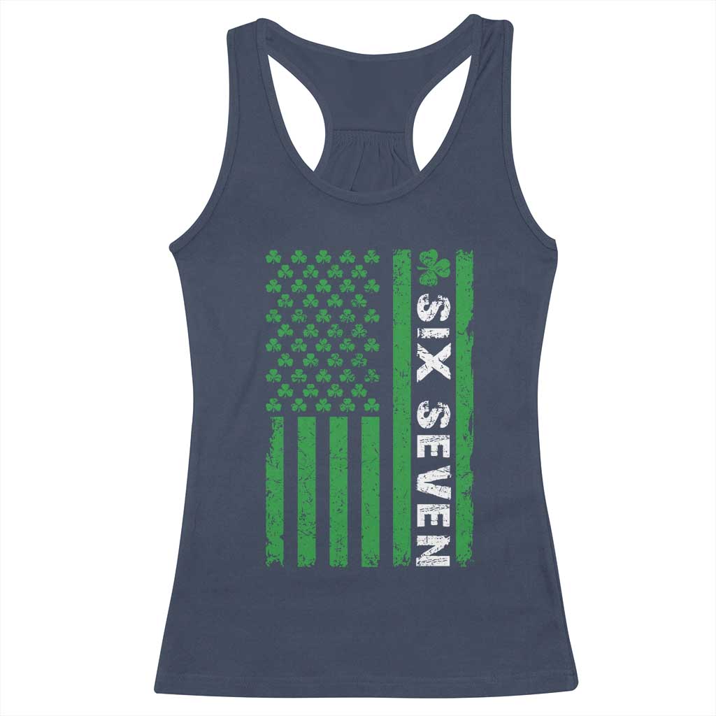 Six Seven 67 St Patricks Day Shamrock Vintage American Flag Racerback Tank Top