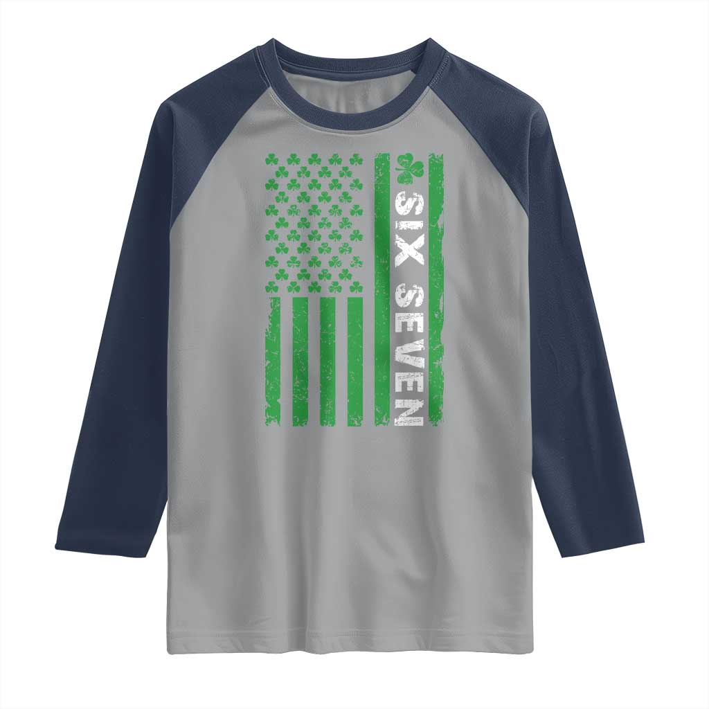 Six Seven 67 St Patricks Day Shamrock Vintage American Flag Raglan Shirt