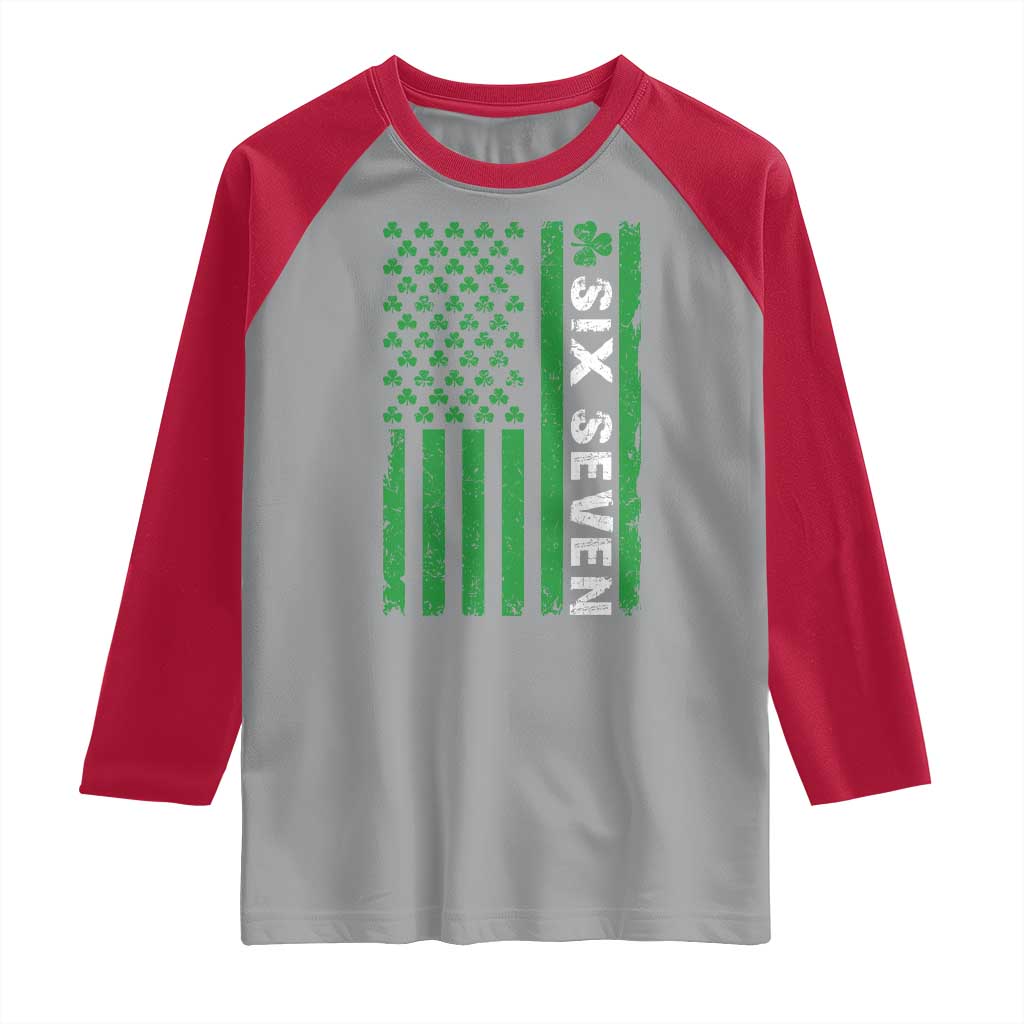 Six Seven 67 St Patricks Day Shamrock Vintage American Flag Raglan Shirt