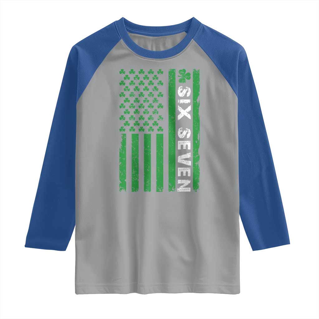 Six Seven 67 St Patricks Day Shamrock Vintage American Flag Raglan Shirt