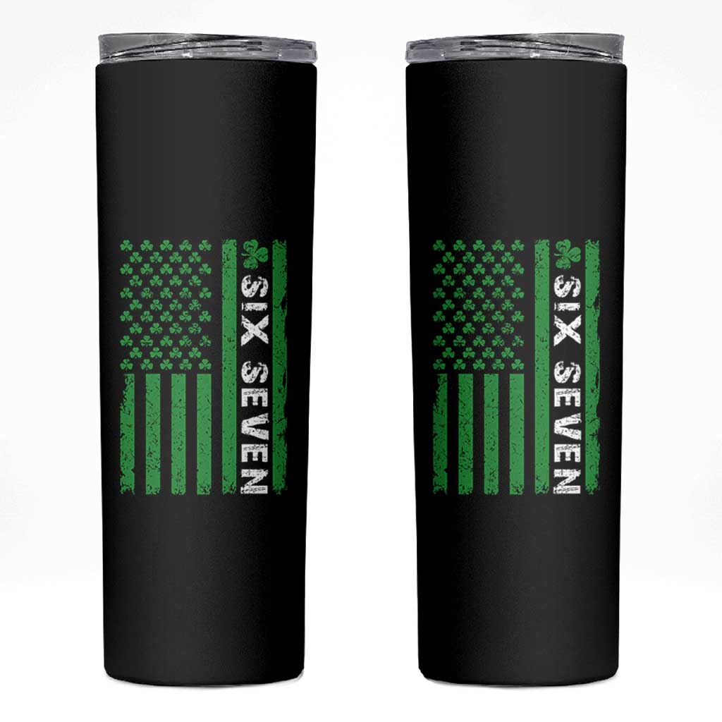 Six Seven 67 St Patricks Day Shamrock Vintage American Flag Skinny Tumbler