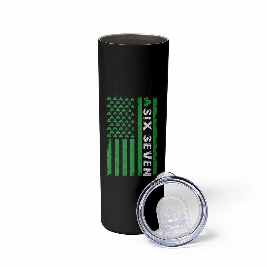 Six Seven 67 St Patricks Day Shamrock Vintage American Flag Skinny Tumbler