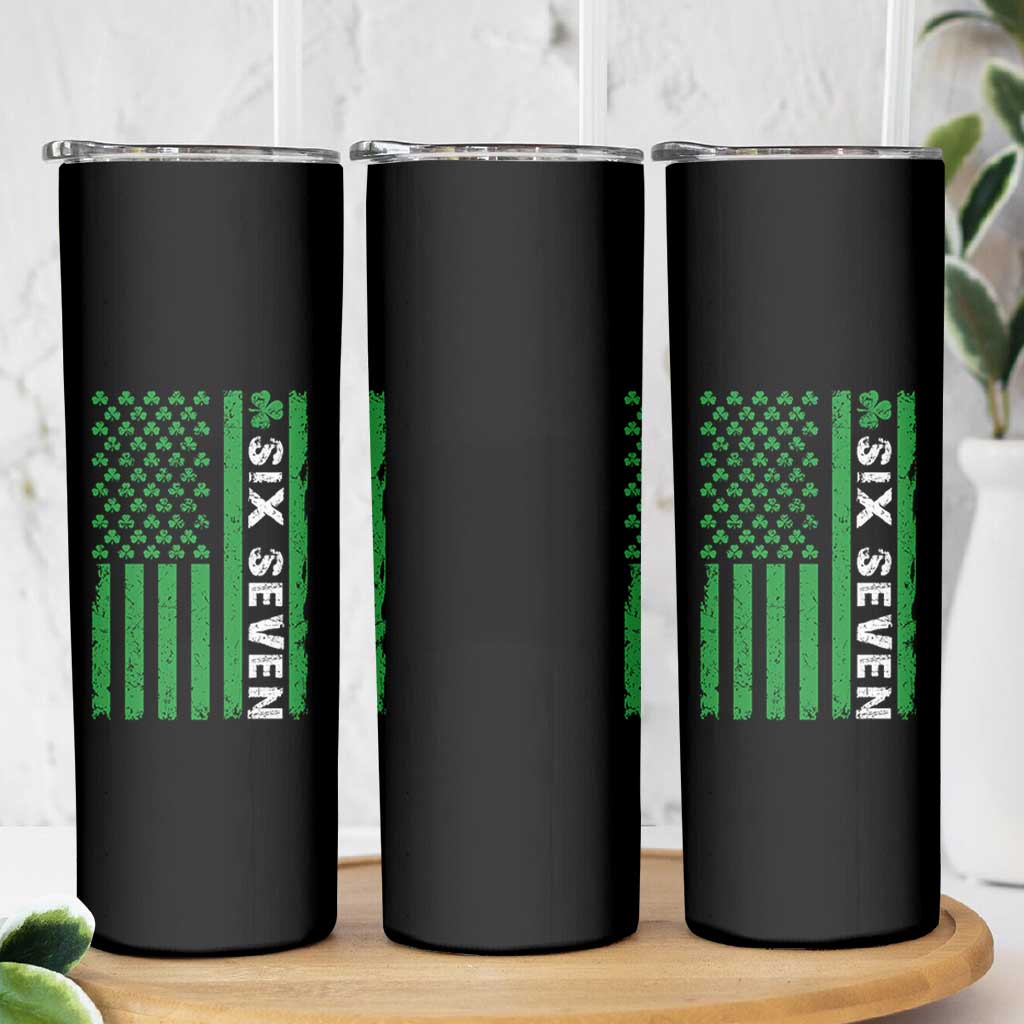 Six Seven 67 St Patricks Day Shamrock Vintage American Flag Skinny Tumbler