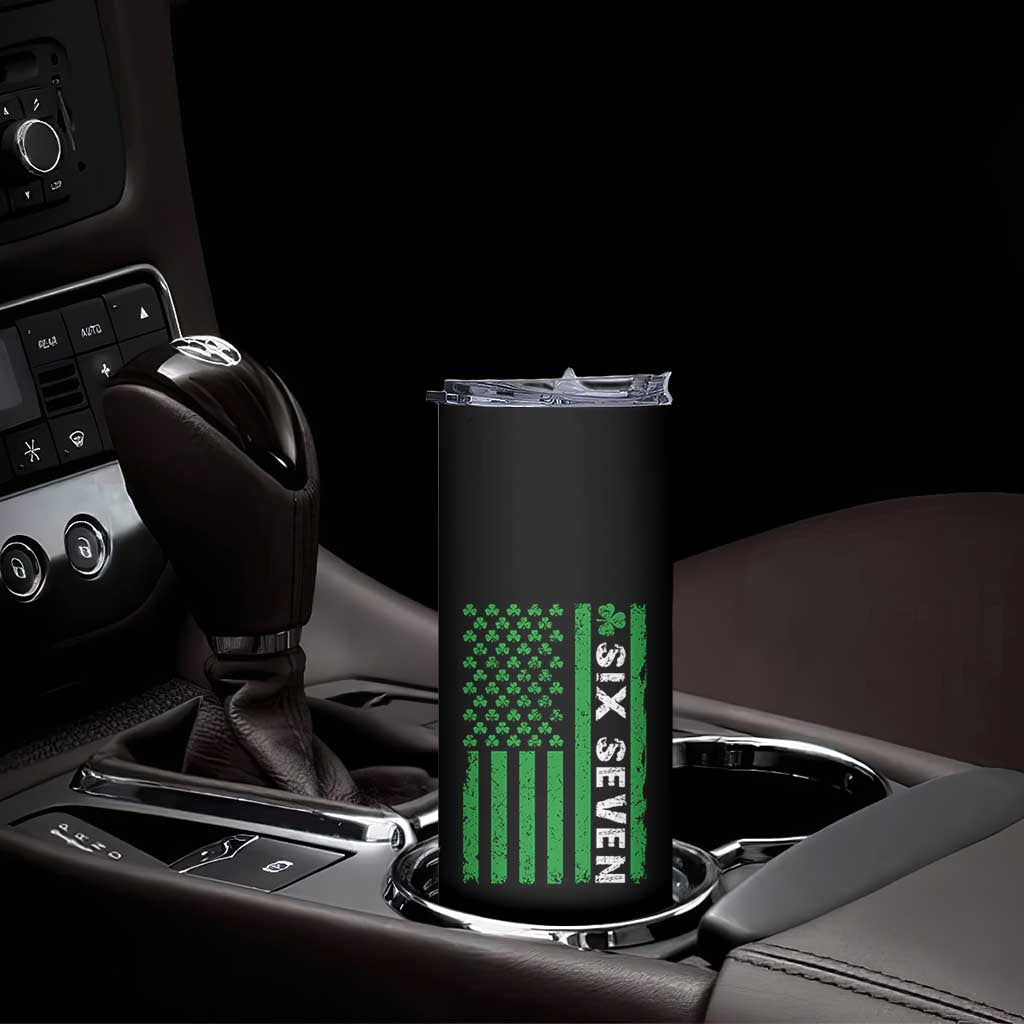 Six Seven 67 St Patricks Day Shamrock Vintage American Flag Skinny Tumbler