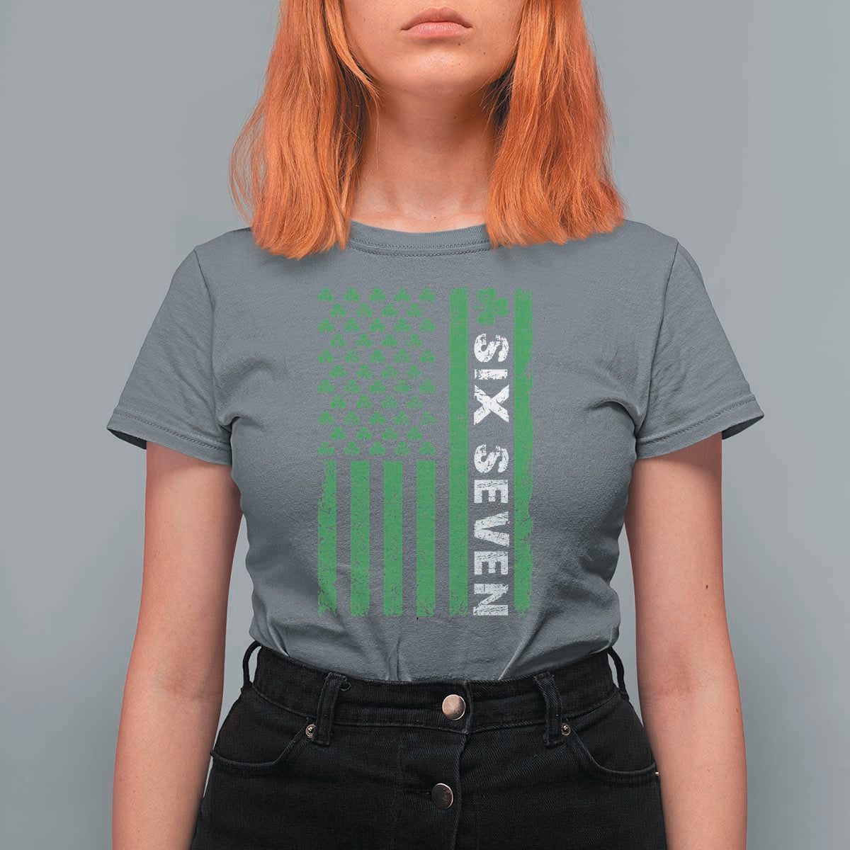 Six Seven 67 St Patricks Day Shamrock Vintage American Flag T Shirt For Women