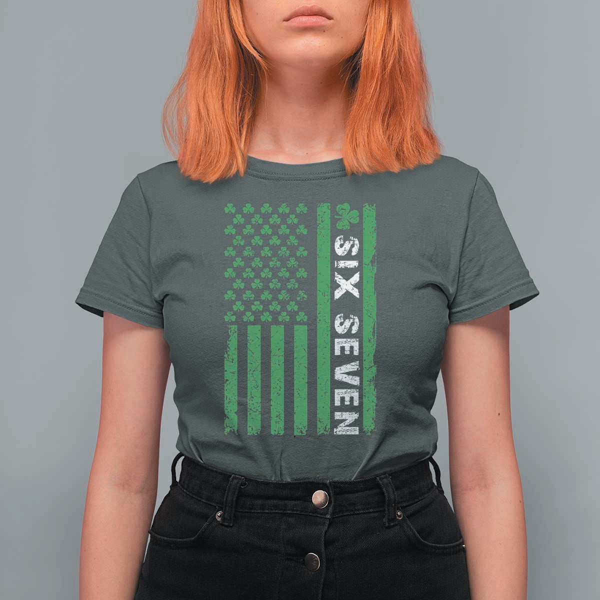 Six Seven 67 St Patricks Day Shamrock Vintage American Flag T Shirt For Women