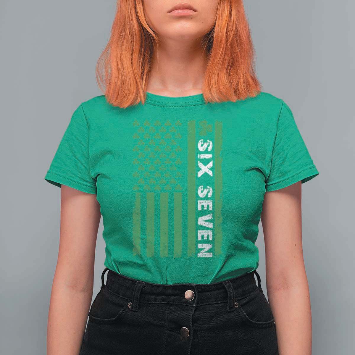 Six Seven 67 St Patricks Day Shamrock Vintage American Flag T Shirt For Women