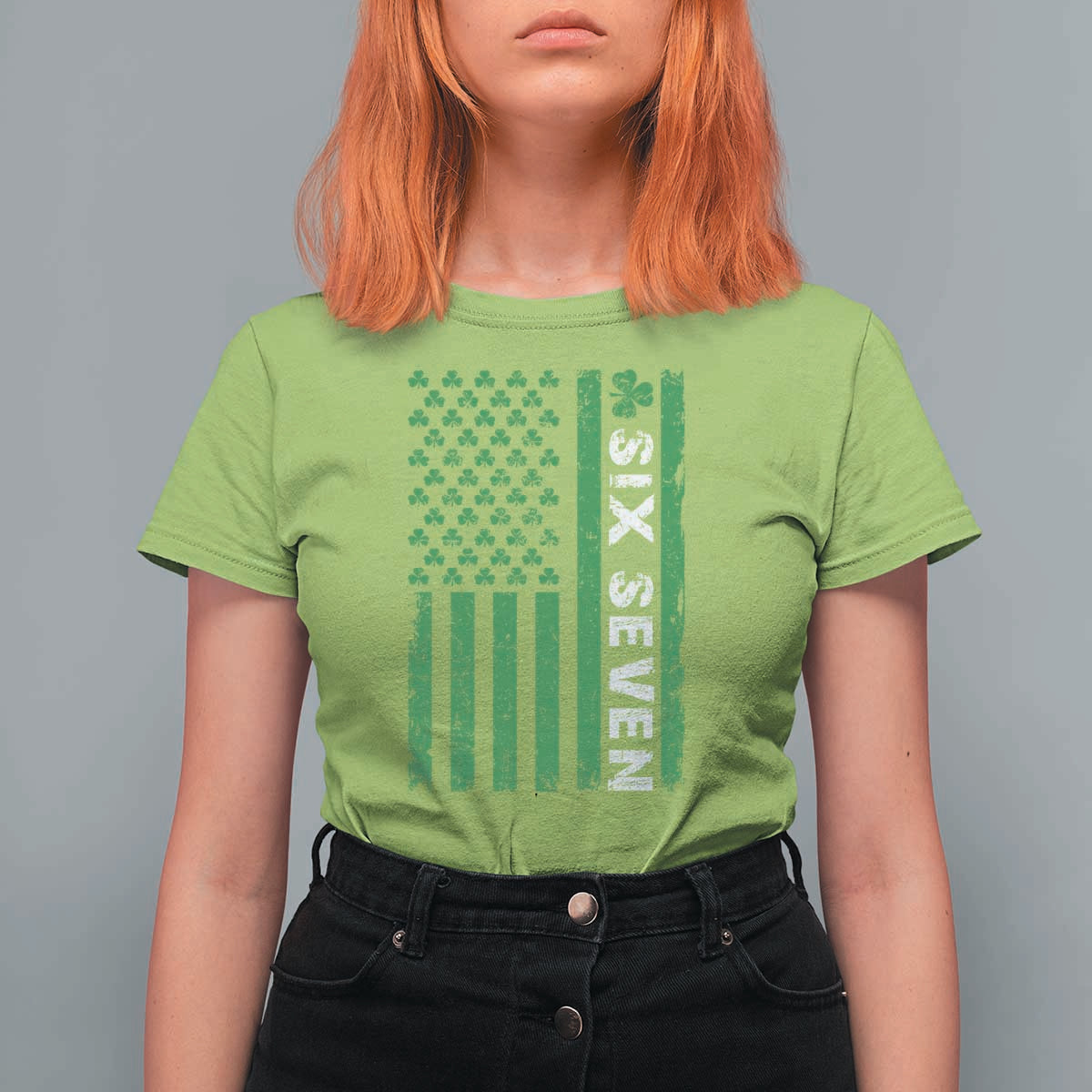 Six Seven 67 St Patricks Day Shamrock Vintage American Flag T Shirt For Women