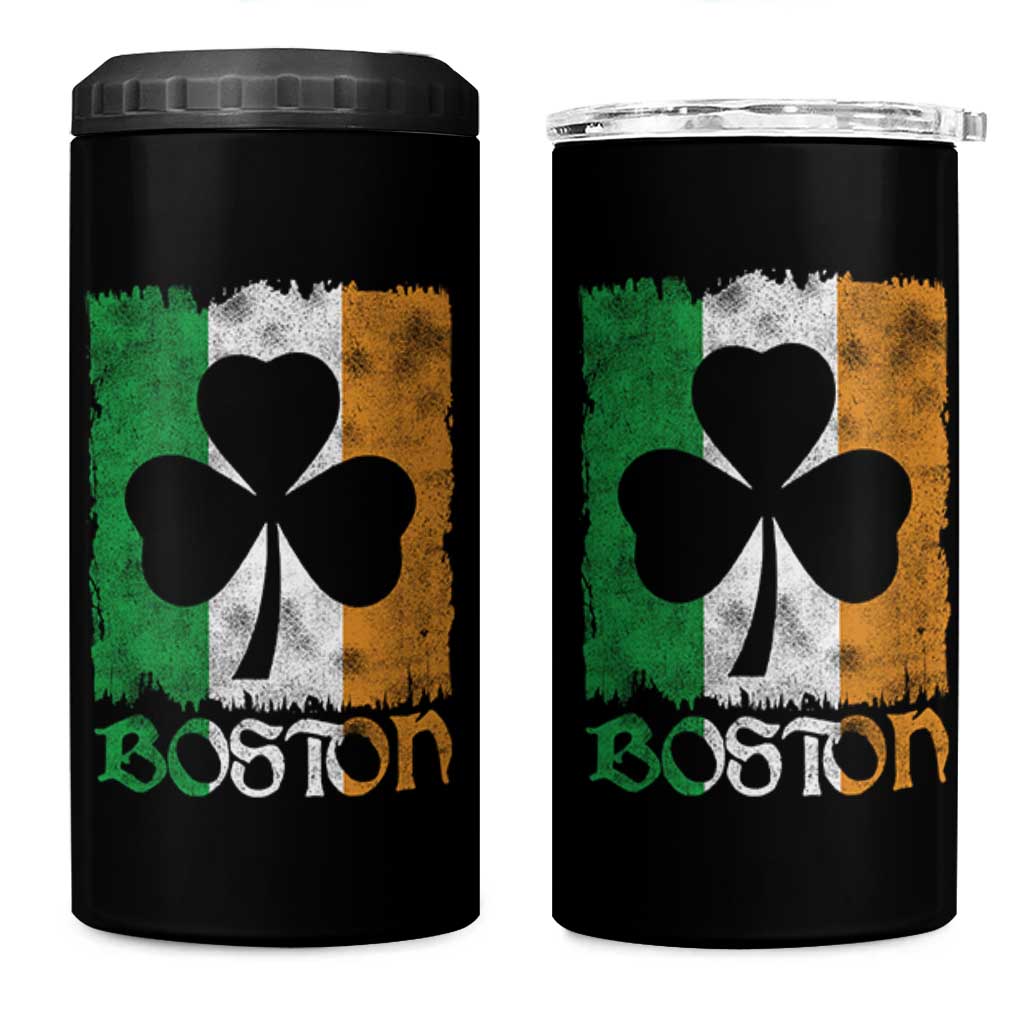 Boston St Patricks Day 4 in 1 Can Cooler Tumbler Distressed Shamrock Vintage Irish Flag