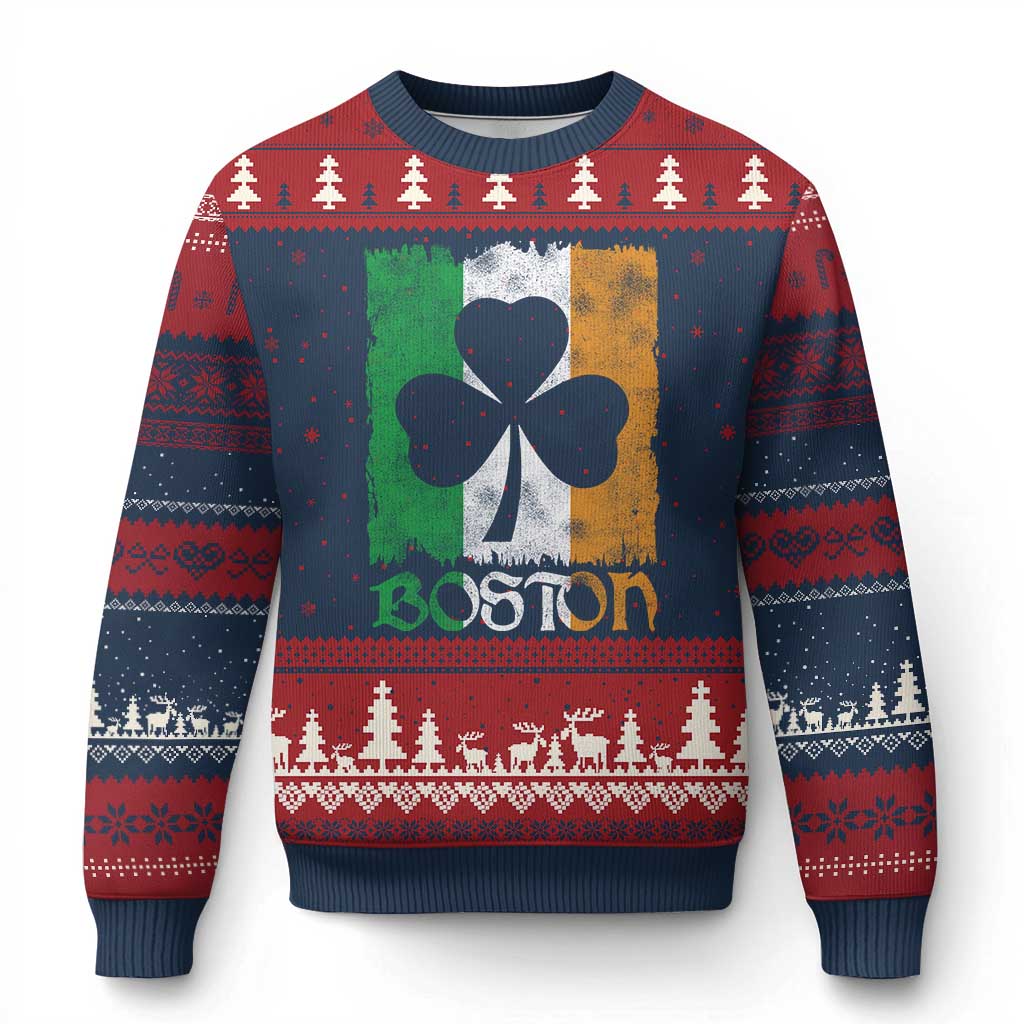 Boston St Patricks Day Ugly Christmas Sweater Distressed Shamrock Vintage Irish Flag