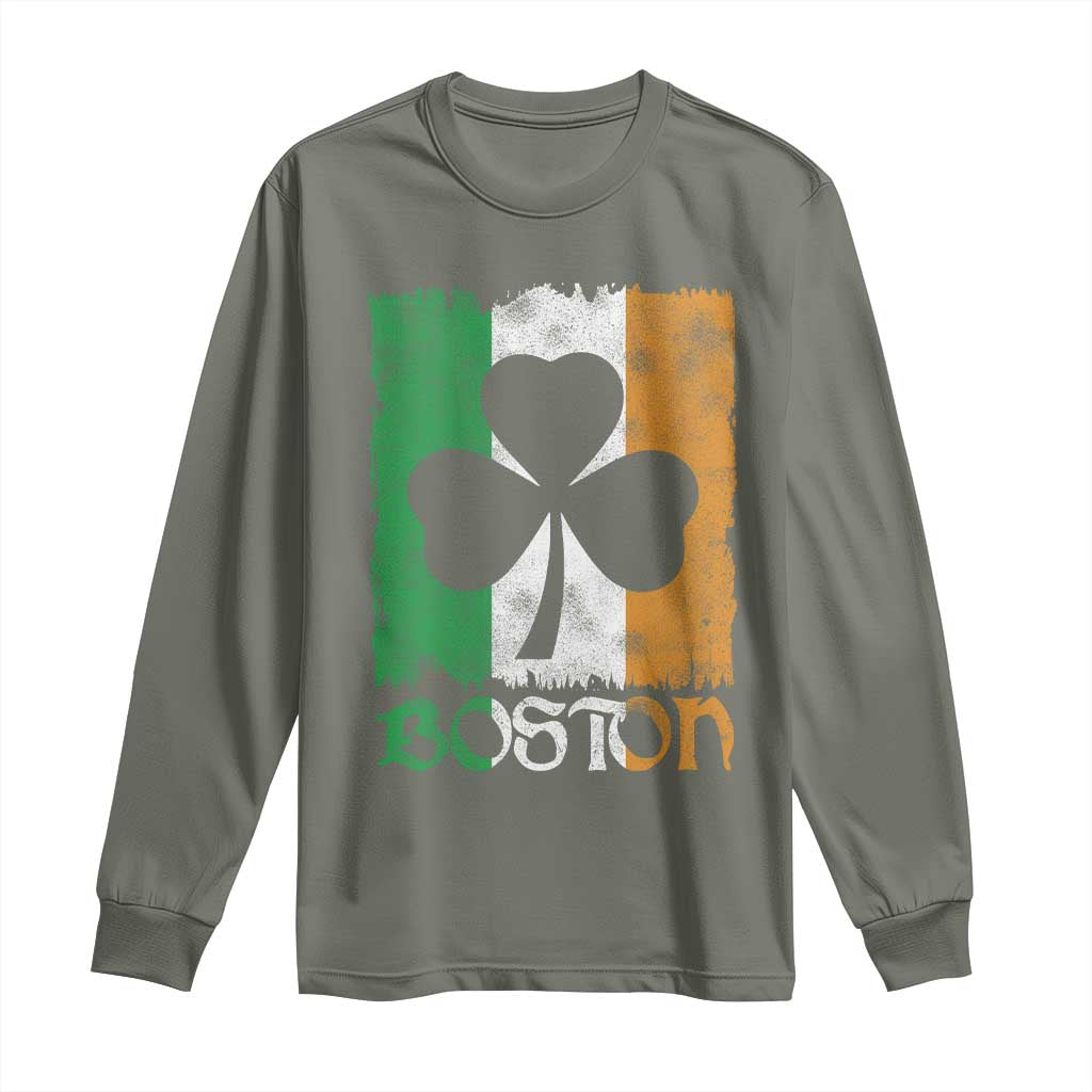 Boston St Patricks Day Long Sleeve Shirt Distressed Shamrock Vintage Irish Flag