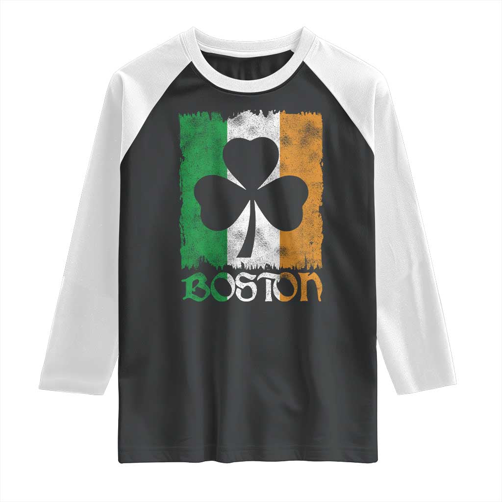 Boston St Patricks Day Raglan Shirt Distressed Shamrock Vintage Irish Flag