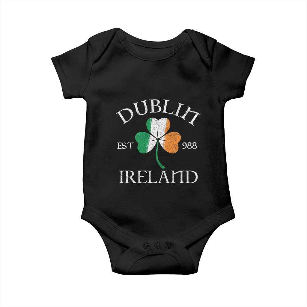 Dublin Ireland Est 988 Baby Onesie St Patricks Day Shamrock Leaf