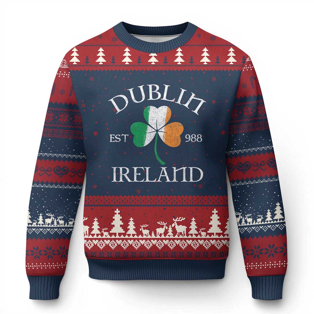 Dublin Ireland Est 988 Ugly Christmas Sweater St Patricks Day Shamrock Leaf