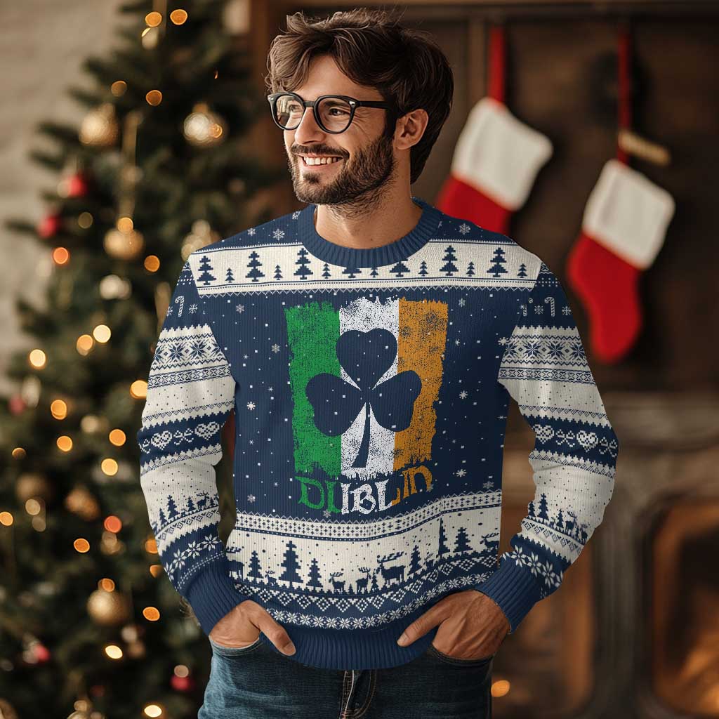 Dublin Ireland St Patricks Day Ugly Christmas Sweater Distressed Shamrock Vintage Irish Flag