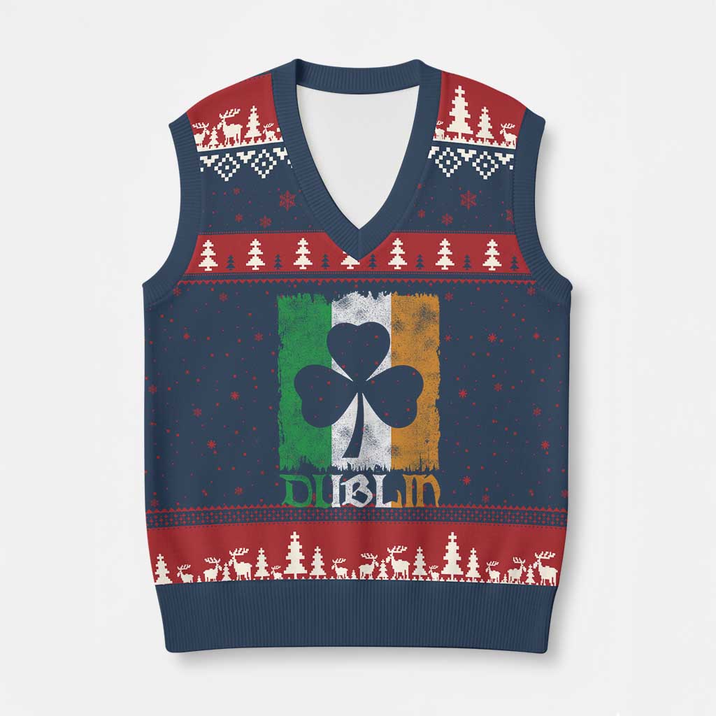 Dublin Ireland St Patricks Day V-Neck Knit Sweater Vest Distressed Shamrock Vintage Irish Flag