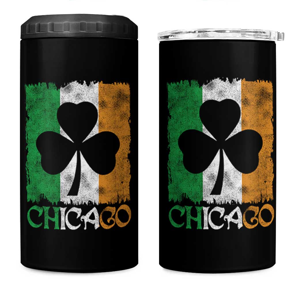 Chicago IL St Patricks Day 4 in 1 Can Cooler Tumbler Distressed Shamrock Vintage Irish Flag