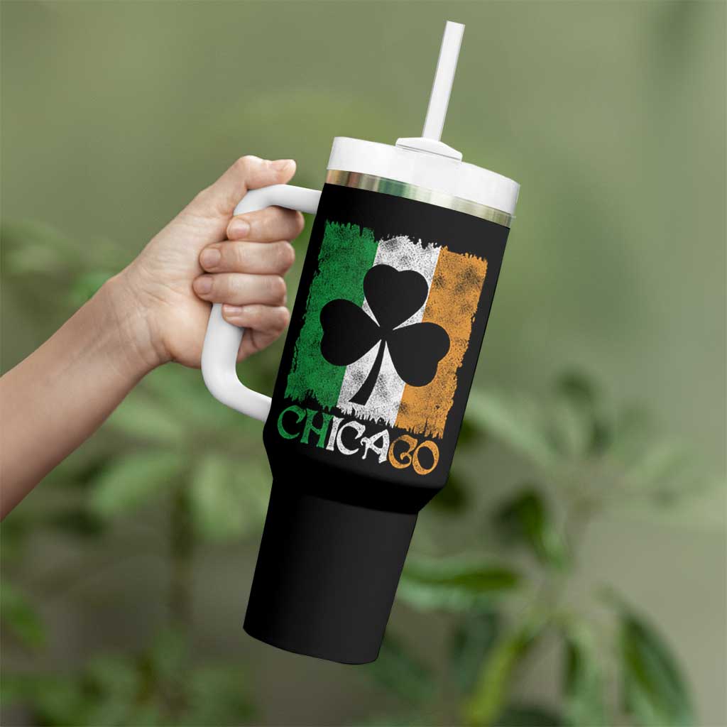 Chicago IL St Patricks Day Tumbler With Handle Distressed Shamrock Vintage Irish Flag