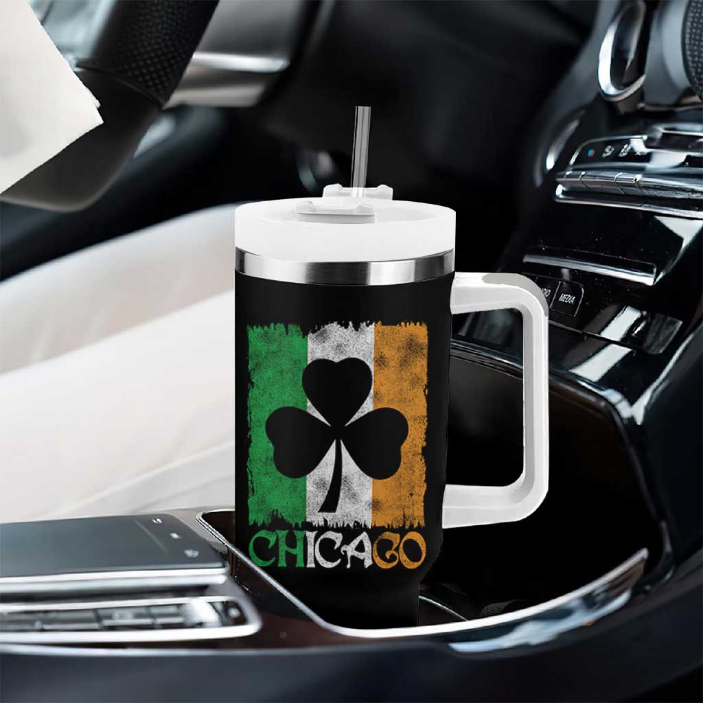 Chicago IL St Patricks Day Tumbler With Handle Distressed Shamrock Vintage Irish Flag