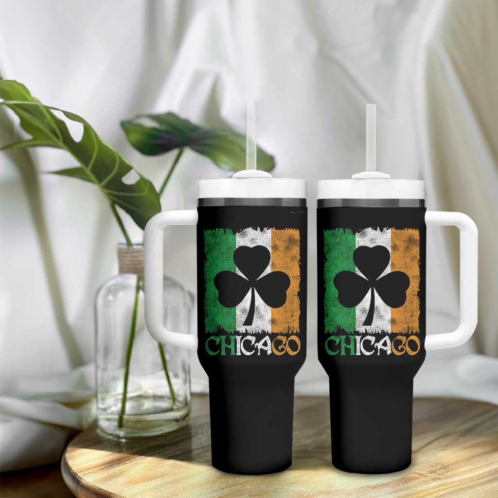Chicago IL St Patricks Day Tumbler With Handle Distressed Shamrock Vintage Irish Flag