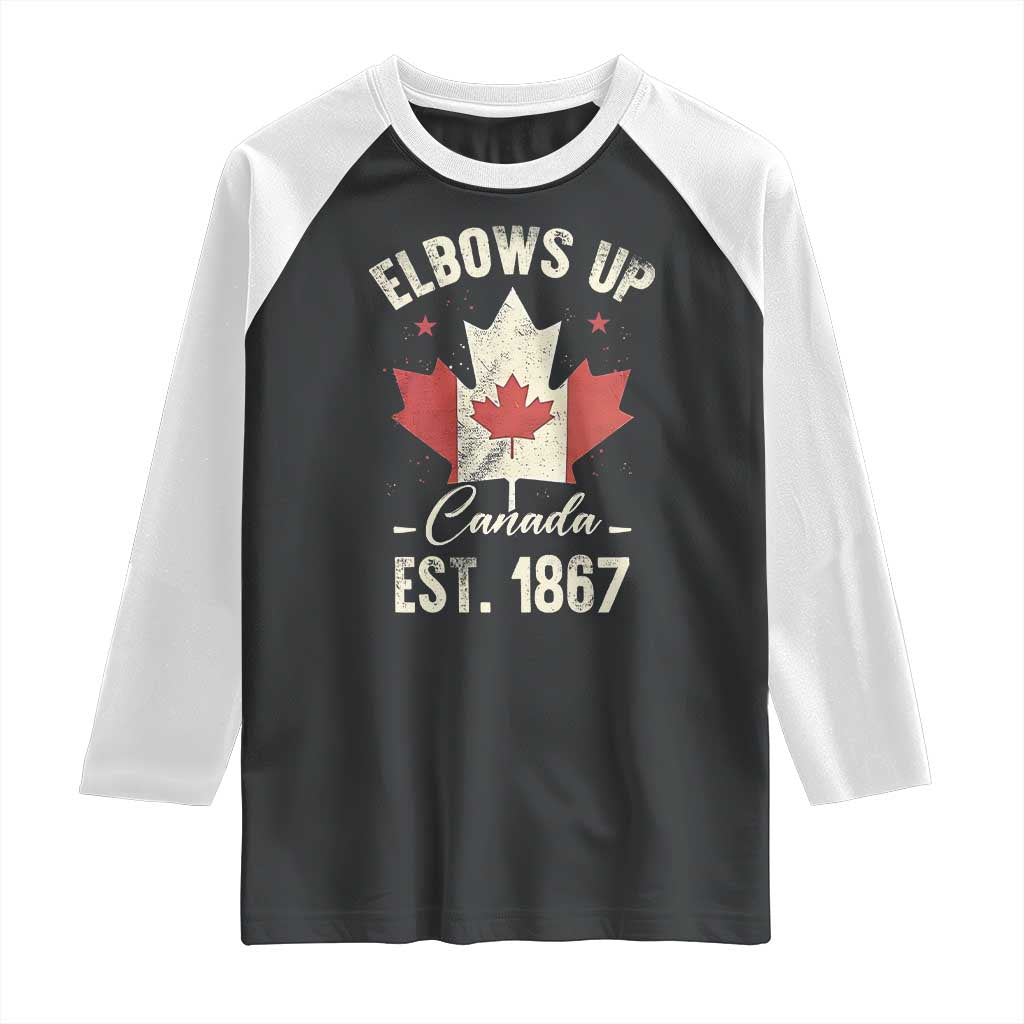 Elbows Up Canada EST 1867 Raglan Shirt True North Strong and Free Proud Canadian Maple Leaf