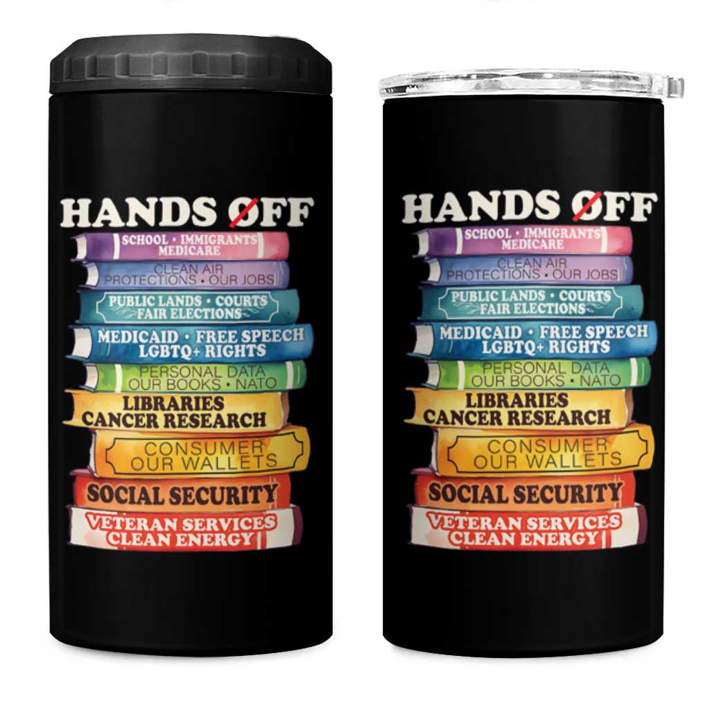 Hands Off 4 in 1 Can Cooler Tumbler Social Security And Medicare Protest Colorful Books