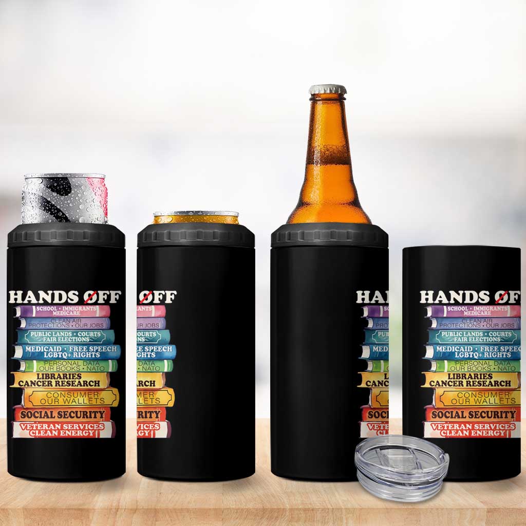 Hands Off 4 in 1 Can Cooler Tumbler Social Security And Medicare Protest Colorful Books