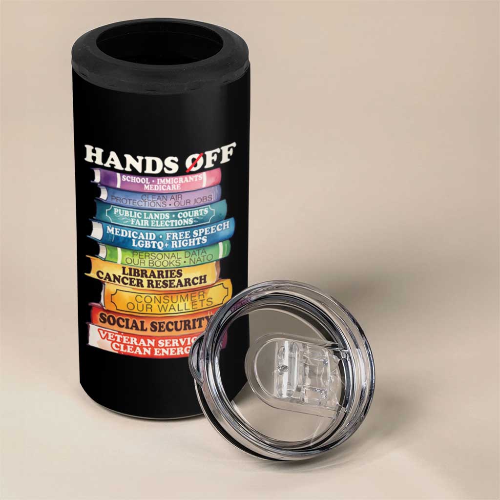 Hands Off 4 in 1 Can Cooler Tumbler Social Security And Medicare Protest Colorful Books