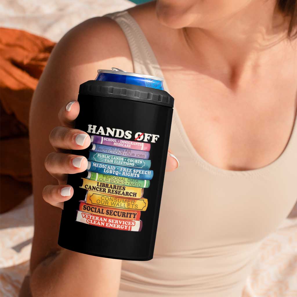 Hands Off 4 in 1 Can Cooler Tumbler Social Security And Medicare Protest Colorful Books