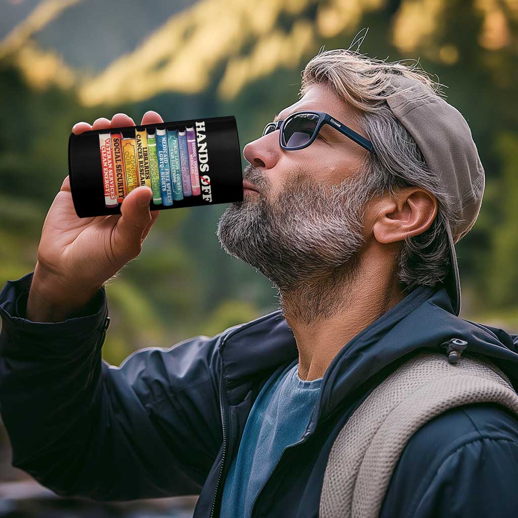 Hands Off 4 in 1 Can Cooler Tumbler Social Security And Medicare Protest Colorful Books