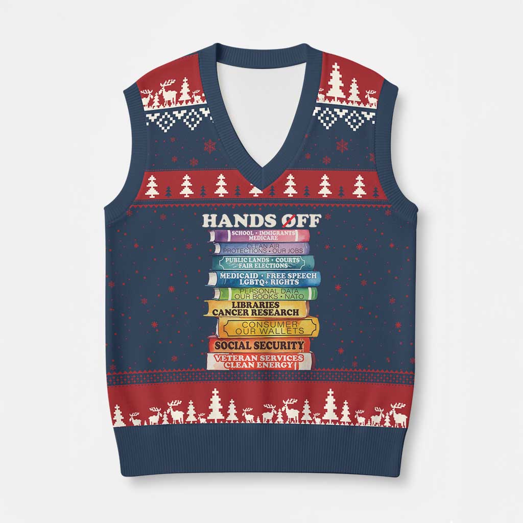 Hands Off V-Neck Knit Sweater Vest Social Security And Medicare Protest Colorful Books - Wonder Print Shop