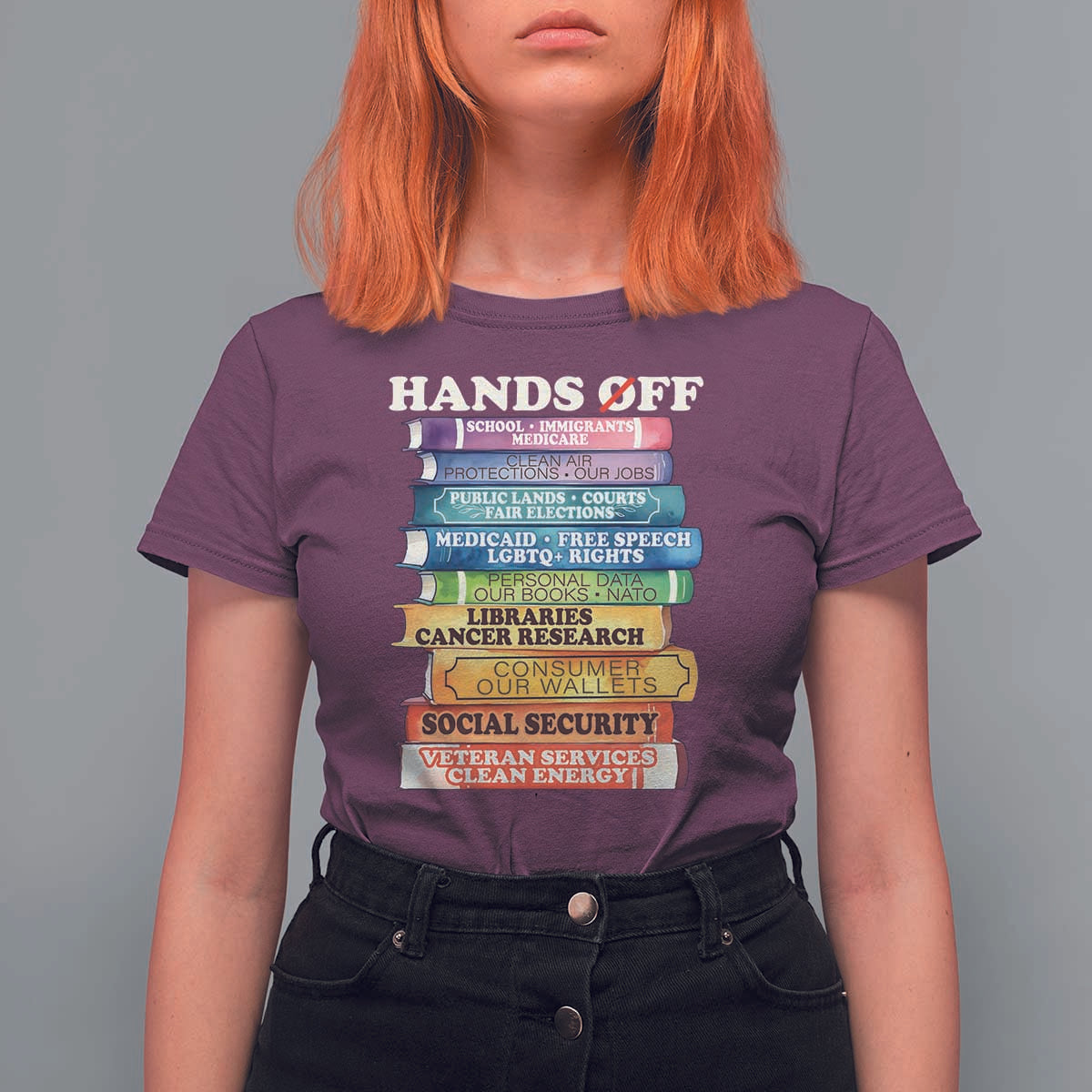 Hands Off T Shirt For Women Social Security And Medicare Protest Colorful Books