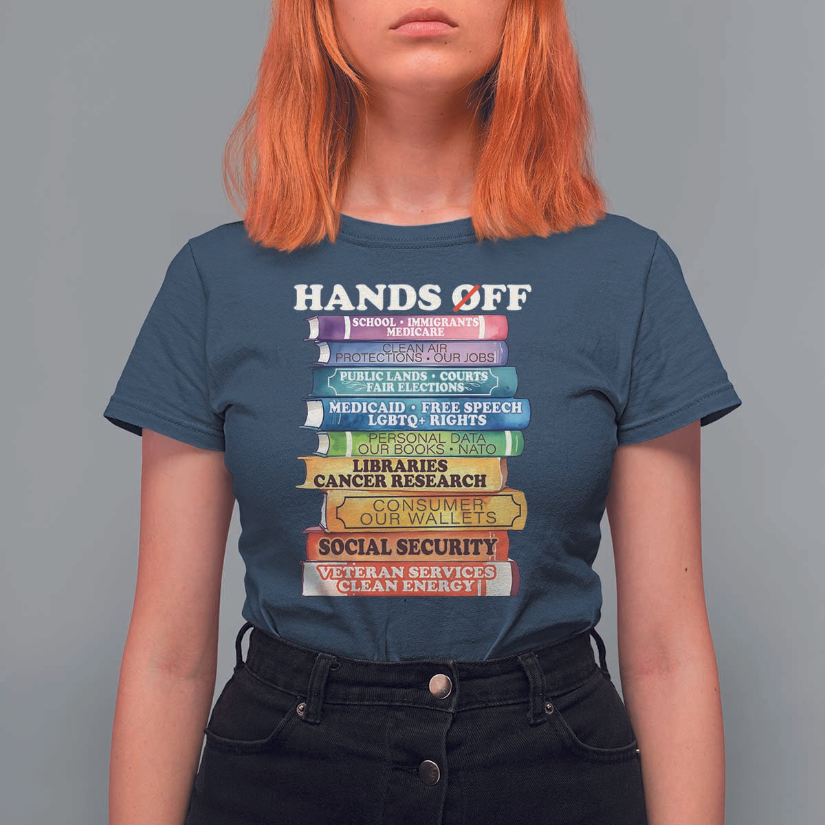 Hands Off T Shirt For Women Social Security And Medicare Protest Colorful Books