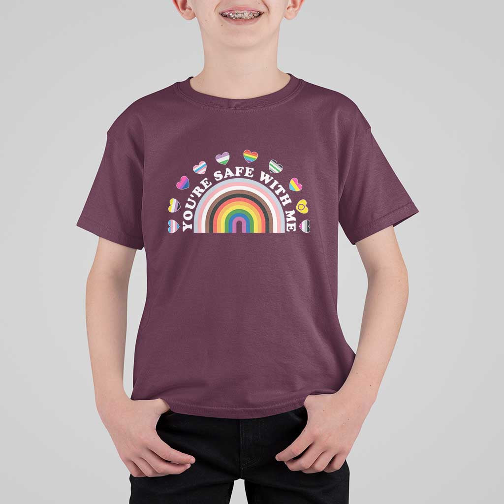 You're Safe With Me T Shirt For Kid LGBTQ Pride Ally Rainbow Heart