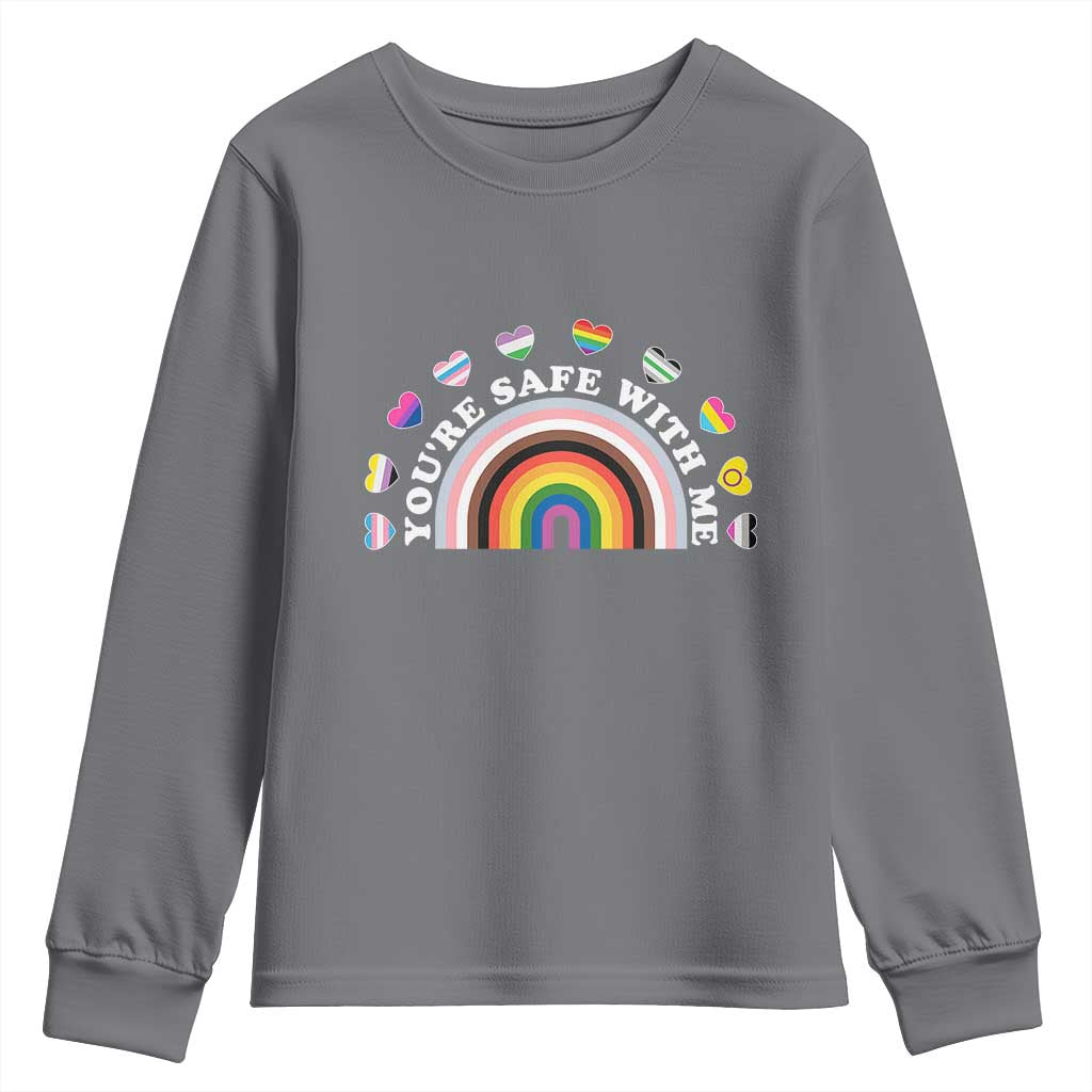 You're Safe With Me Youth Sweatshirt LGBTQ Pride Ally Rainbow Heart