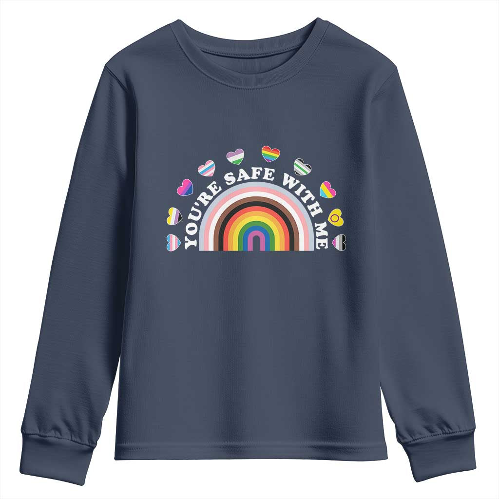 You're Safe With Me Youth Sweatshirt LGBTQ Pride Ally Rainbow Heart