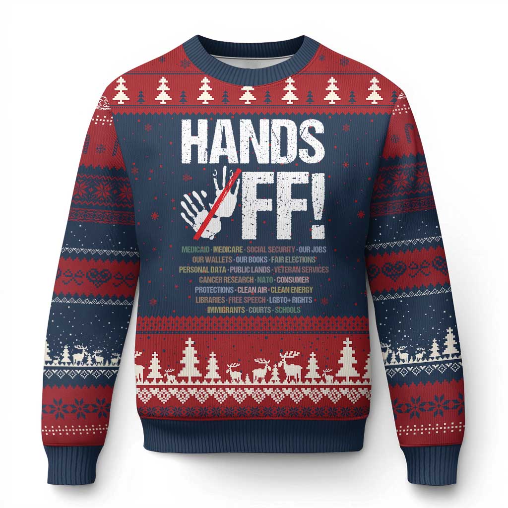 Hands Off Ugly Christmas Sweater Social Security And Medicare Protest Vintage Hand Print - Wonder Print Shop