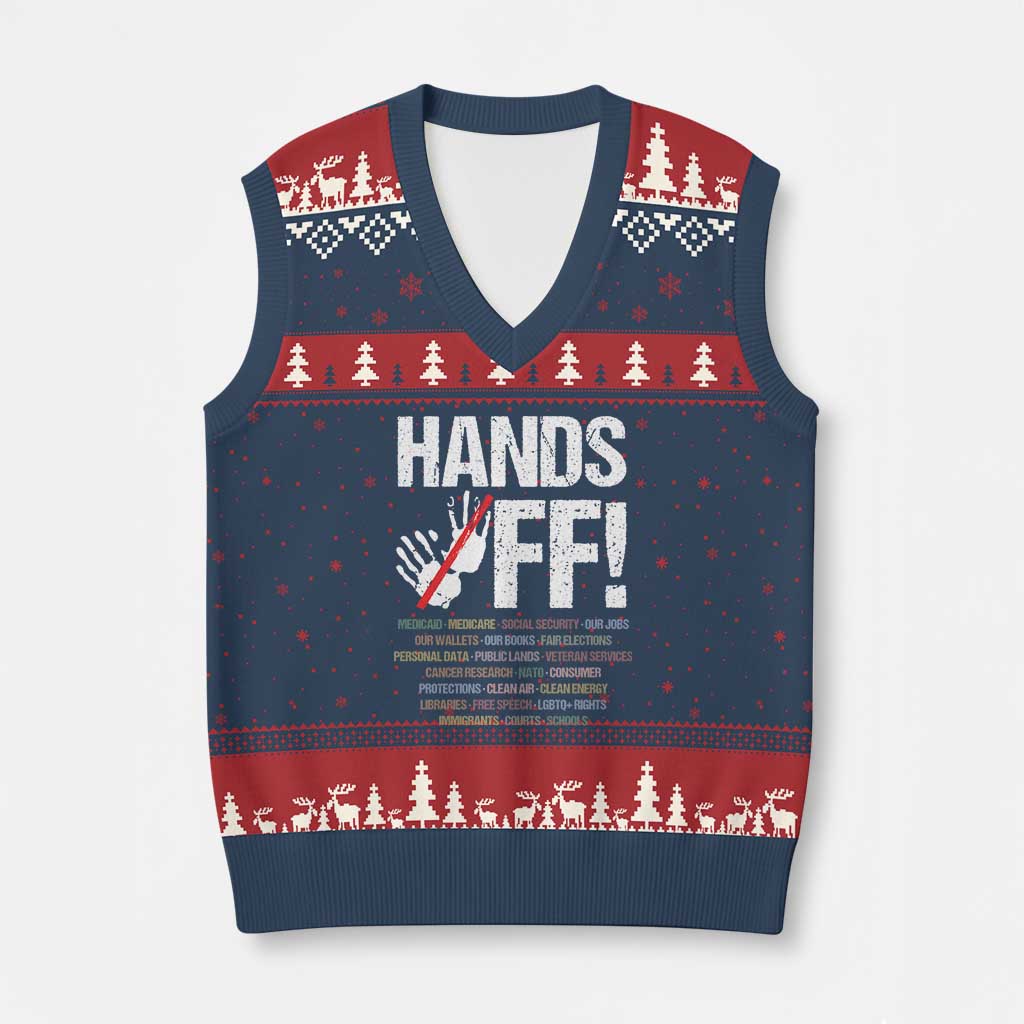Hands Off V-Neck Knit Sweater Vest Social Security And Medicare Protest Vintage Hand Print - Wonder Print Shop