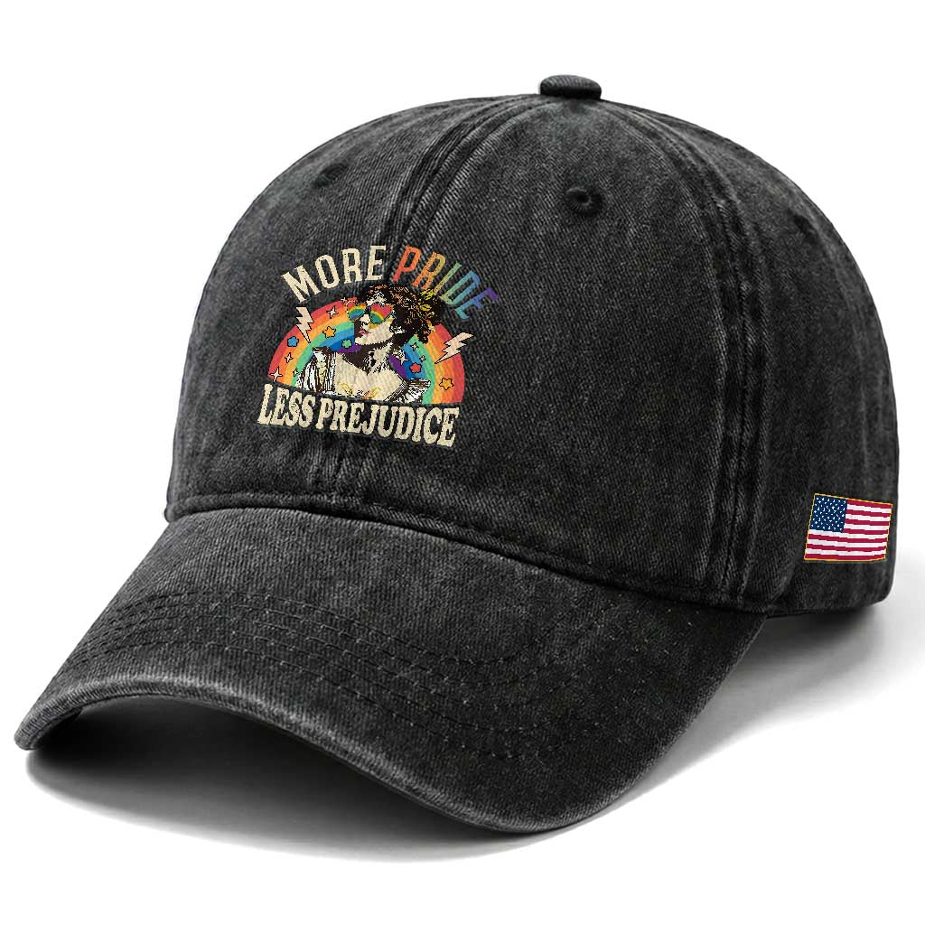 More Pride Less Prejudice Washed Cotton Baseball Cap Pride Month LGBTQ Rainbow