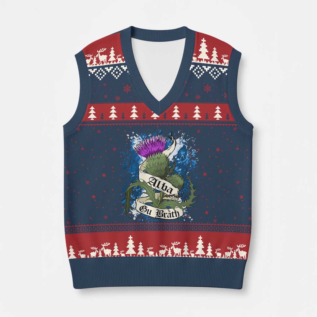 Alba Gu Brath V-Neck Knit Sweater Vest Vintage Thistle Flower Scottish Scotland Flag Saltire - Wonder Print Shop