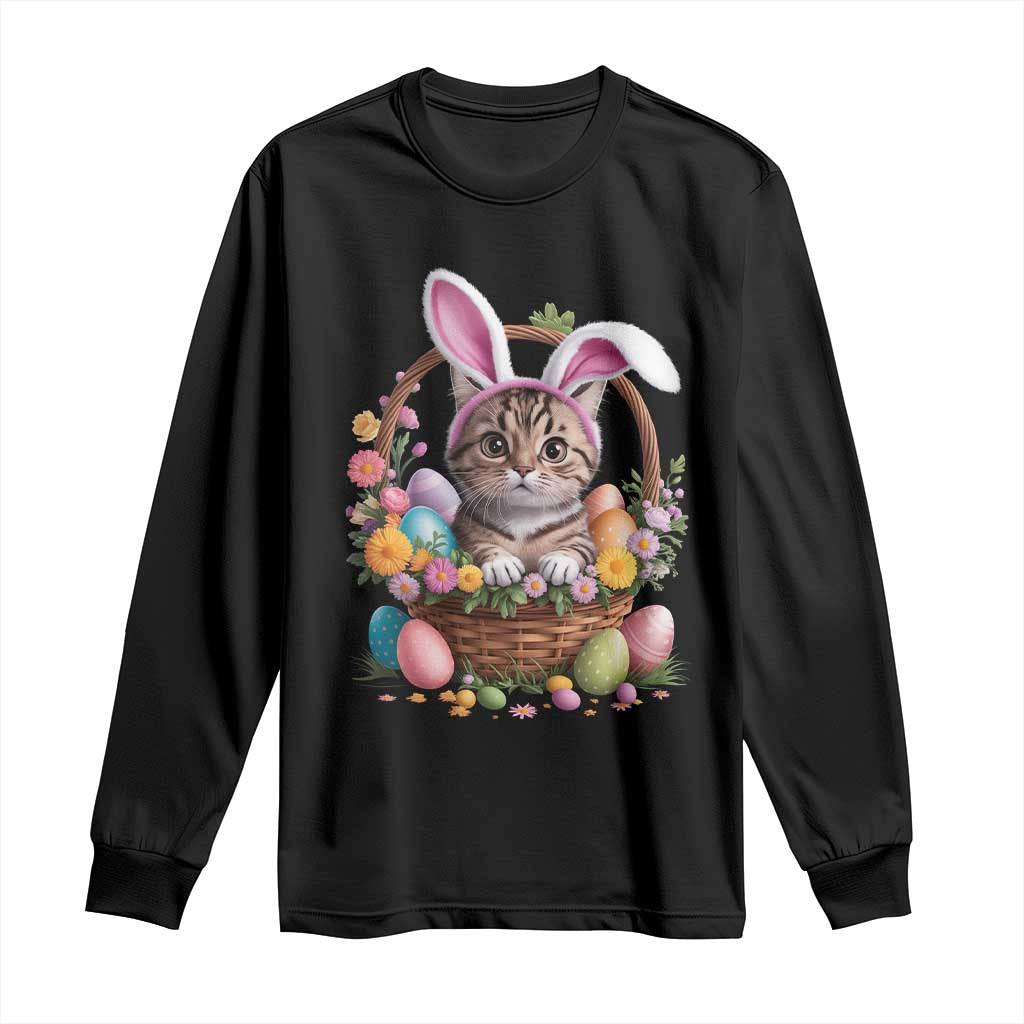 Funny Easter Day Cat Bunny Ears Egg Basket Long Sleeve Shirt
