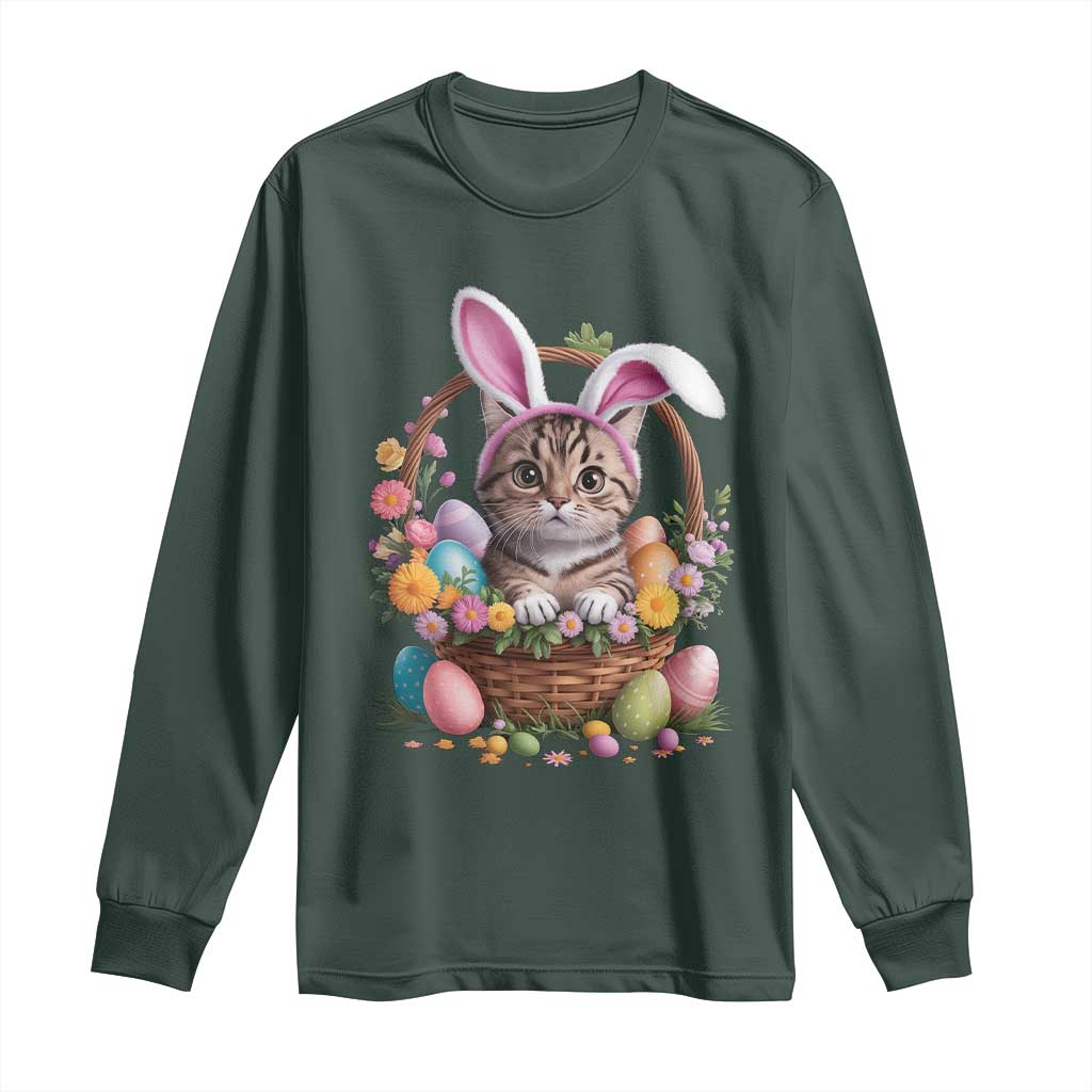 Funny Easter Day Cat Bunny Ears Egg Basket Long Sleeve Shirt