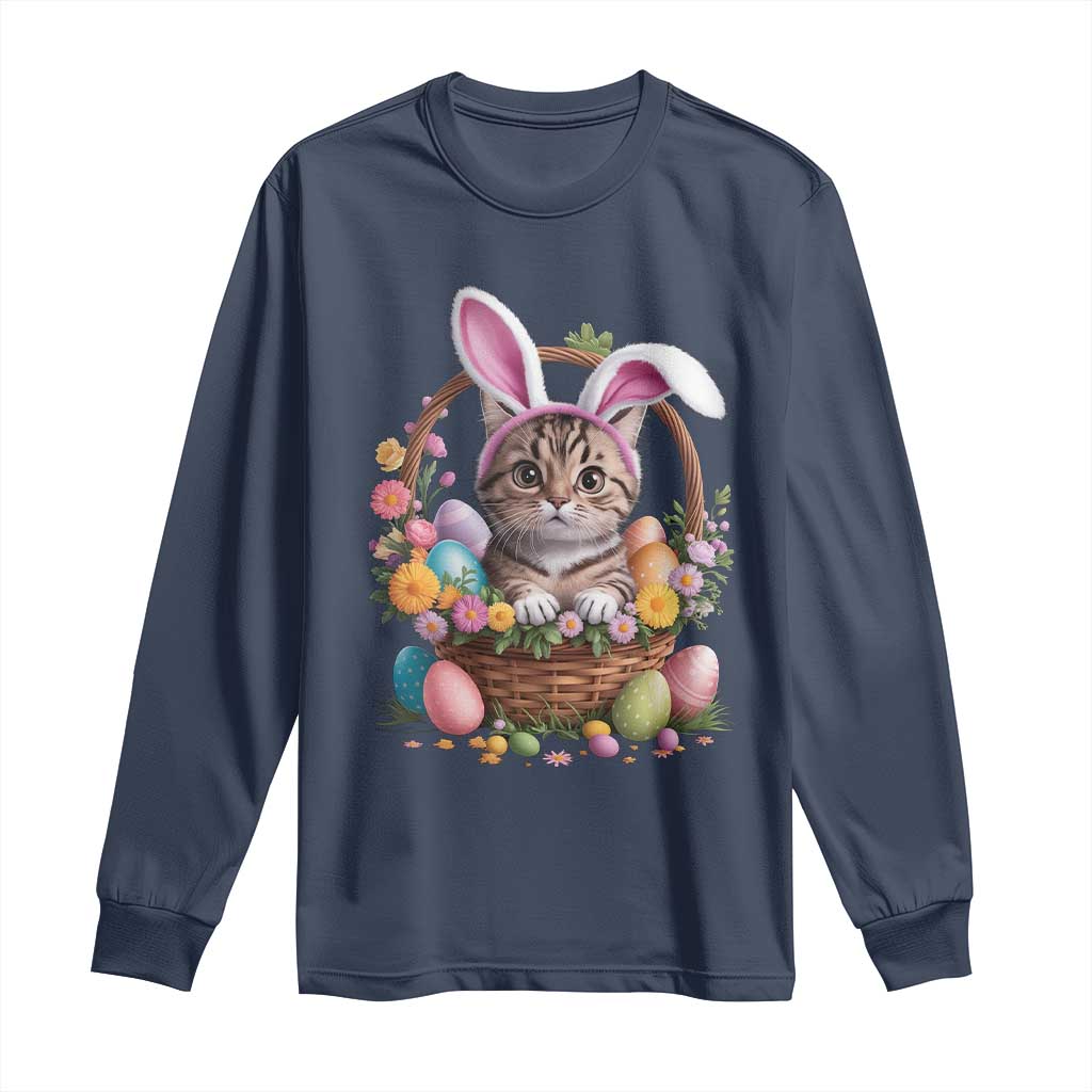 Funny Easter Day Cat Bunny Ears Egg Basket Long Sleeve Shirt